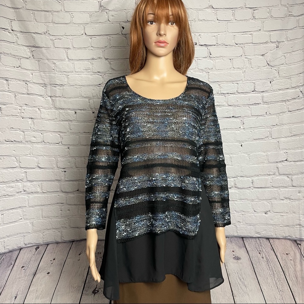 New Ball Of Cotton Combo Black Blue Linen Viscose Tunic Sweater Size M